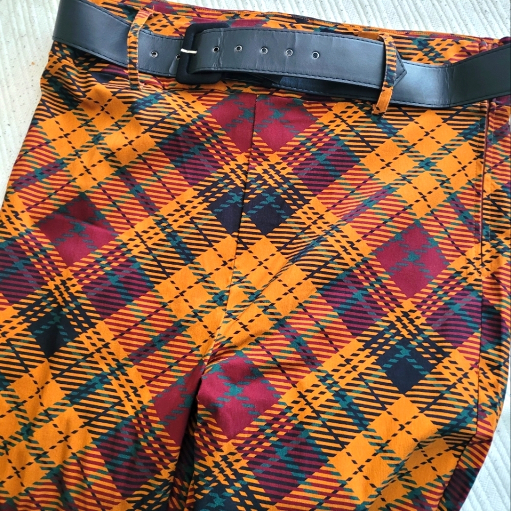 Unique Vintage Orange & Purple Plaid Cigarette Pants with Belt 2X